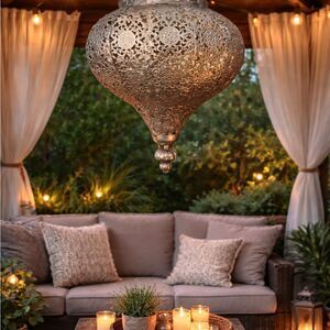 Pottery Barn Boho Moroccan Vtge Style Metal Hanging Planter Pendant Lantern